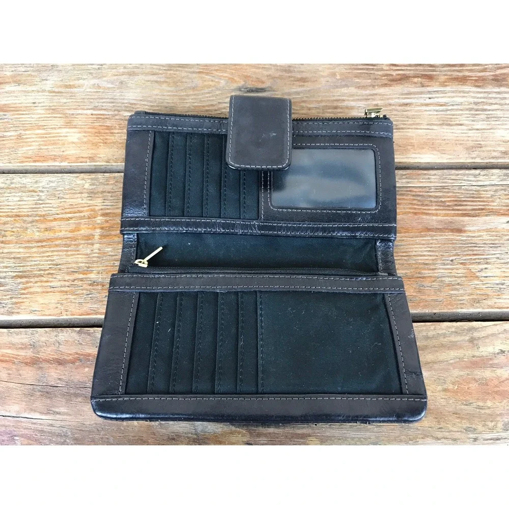 Fossil Vintage Long Bifold Soft Black Leather Wallet Coin Zip EUC